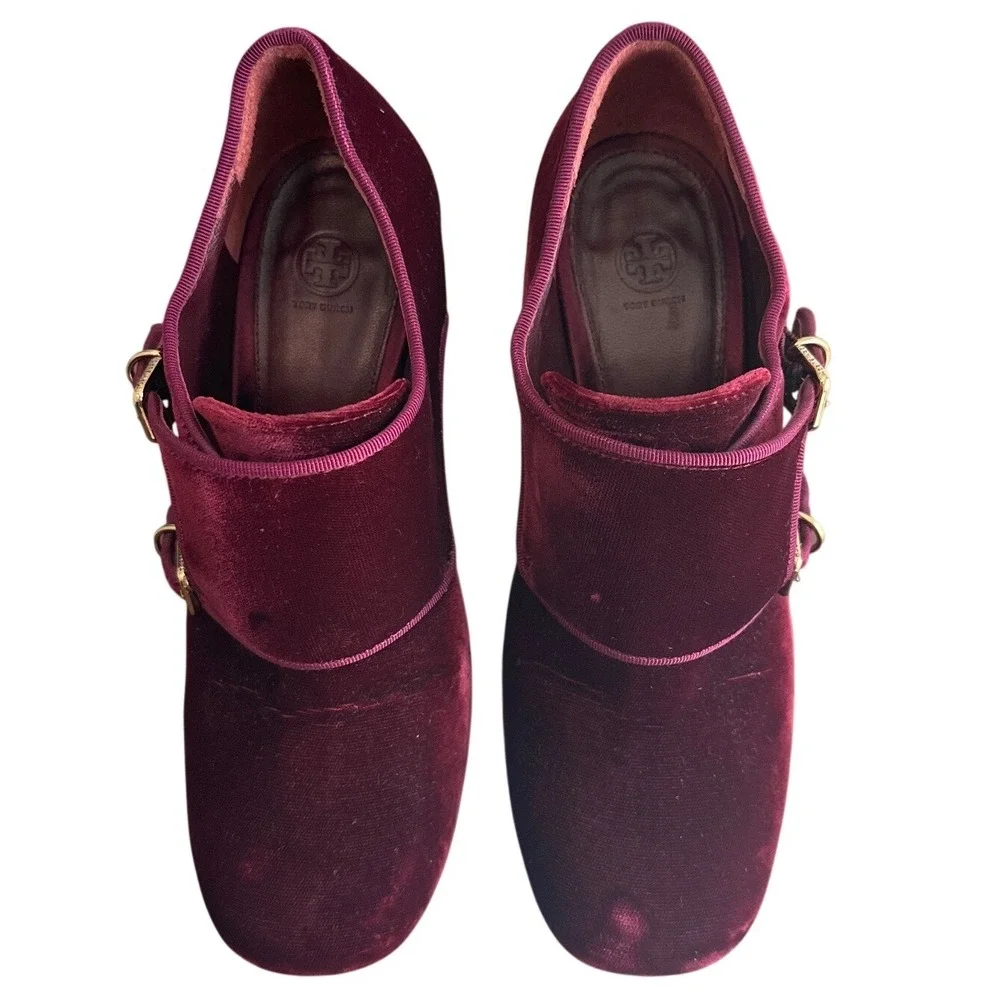 Tory Burch Carley Burgundy Velvet Double Buckle Block Heel Booties 6.5